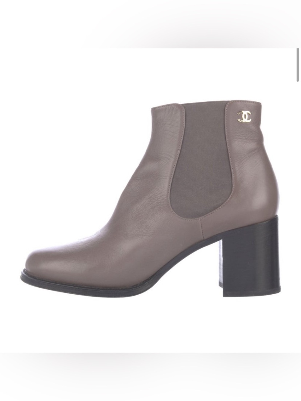 Chanel Taupe Leather Block Heel Ankle Boots
